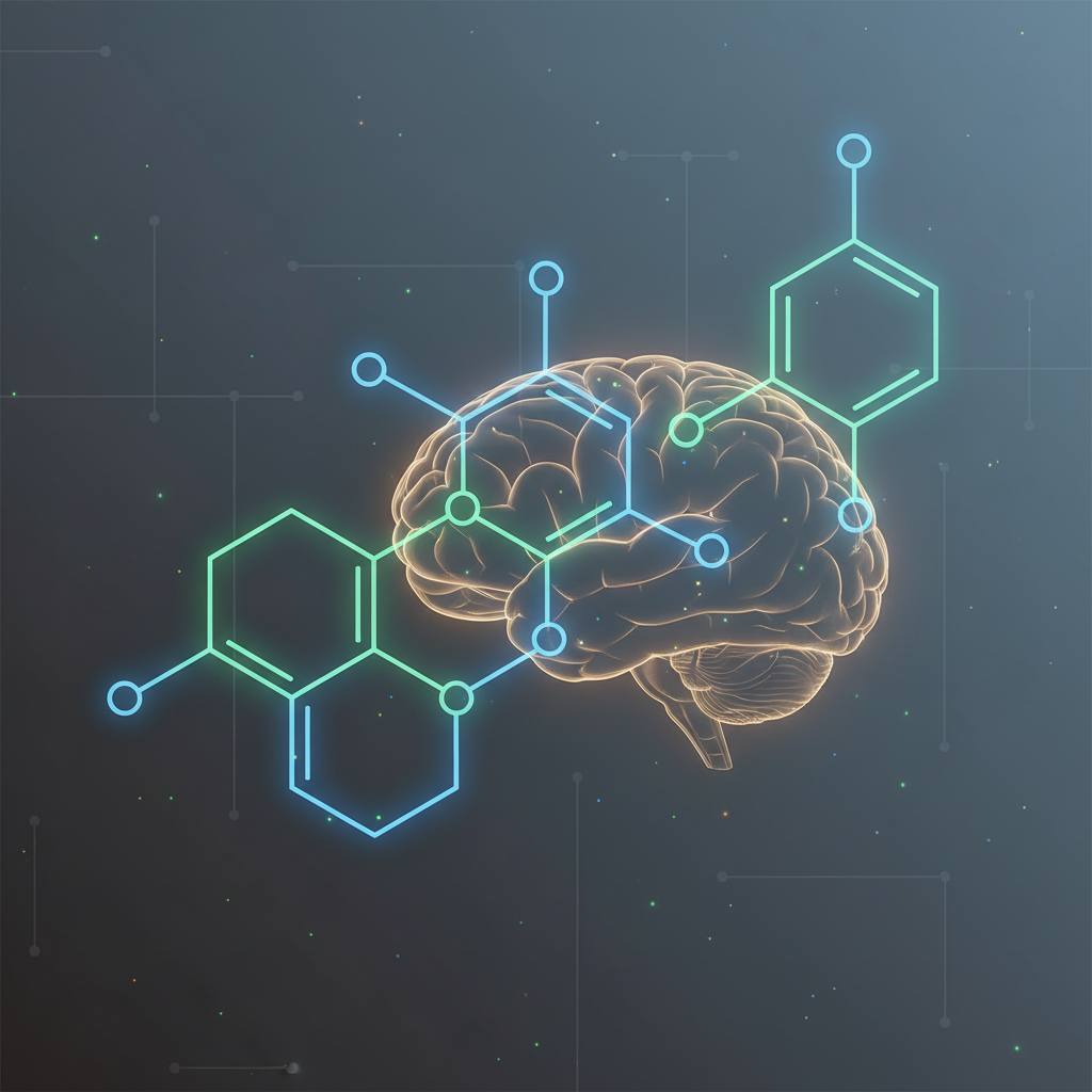 A professional photo of a modern, slightly abstract depiction of psilocybin molecules intertwined with a subtle, glowing brain outline. The background should be a muted, sophisticated grey or blue, conveying scientific research and therapeutic potential. Avoid direct imagery of actual mushrooms, focusing on the chemical aspect and its impact on the brain.