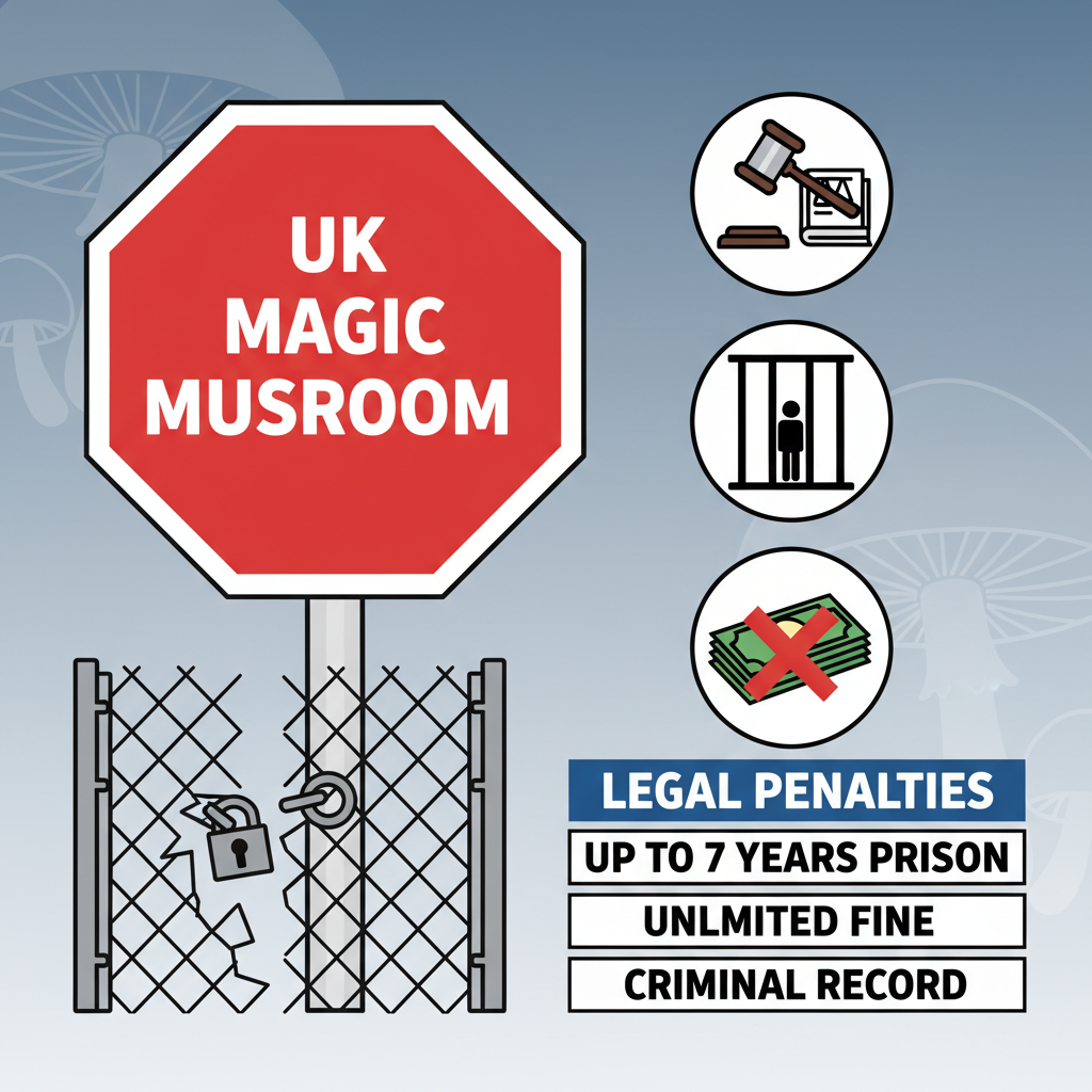 An infographic-style illustration highlighting the legal penalties for magic mushroom possession in the UK. On one side, represent a large 'STOP' sign or a broken chain link fence. On the other, use icons like a judge's gavel, prison bars, and a stack of money with a red 'X' through it, symbolizing fines and legal consequences. Use a clean, educational aesthetic with clear, bold text.