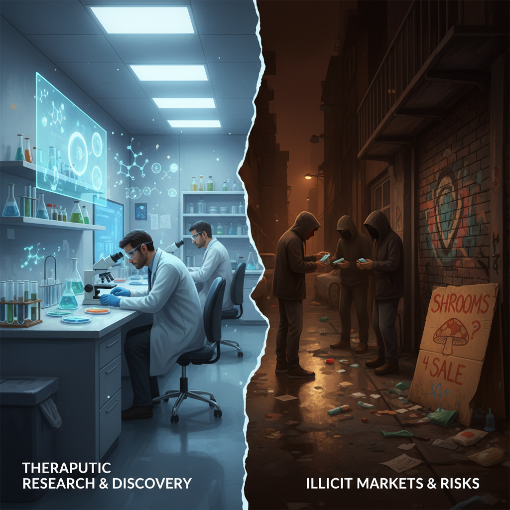 A conceptual illustration of the contrast between legitimate research and illicit markets. On one side, show a brightly lit, clean laboratory setting with scientists in lab coats studying microscopic samples of psilocybin, representing therapeutic exploration. On the other, a dimly lit, chaotic street corner with blurry figures and a 'for sale' sign featuring a questionable mushroom silhouette, representing the risks of illegal purchasing. Use a clear dividing line down the middle of the image.