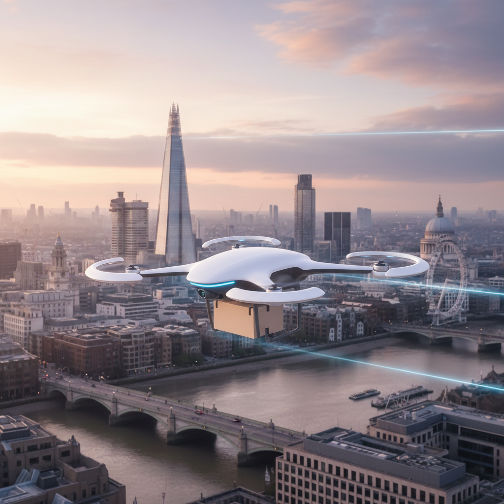 A professional photo of a modern, sleek delivery drone hovering over the iconic London skyline at dawn, subtly carrying a small, discreet package. The focus should be on the drone and the cityscape, emphasizing speed and technology. The lighting should be soft and early morning, conveying discretion and efficiency.
