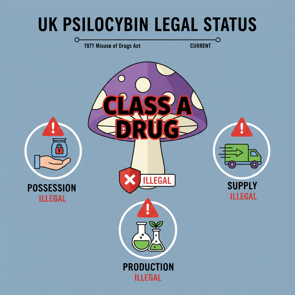A flat illustration depicting a timeline or infographic showing the legal classification of psilocybin in the UK. The central element should be a stylized magic mushroom icon with a large, bold 'Class A Drug' label. Surrounding it, smaller icons could represent 'Possession,' 'Supply,' and 'Production' with 'Illegal' and warning symbols, all in a clean, informative style.