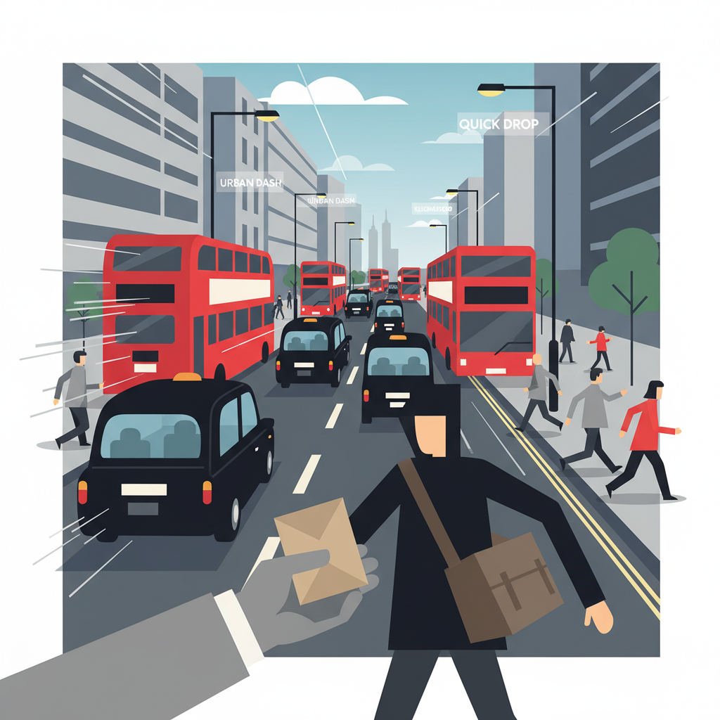 A stylized flat illustration of a bustling London street scene with iconic black cabs and red double-decker buses. In the foreground, a discreet, anonymous-looking hand is receiving a small, plain package from a delivery person who is partially obscured or intentionally generic. The atmosphere should convey speed and discretion in an urban setting.