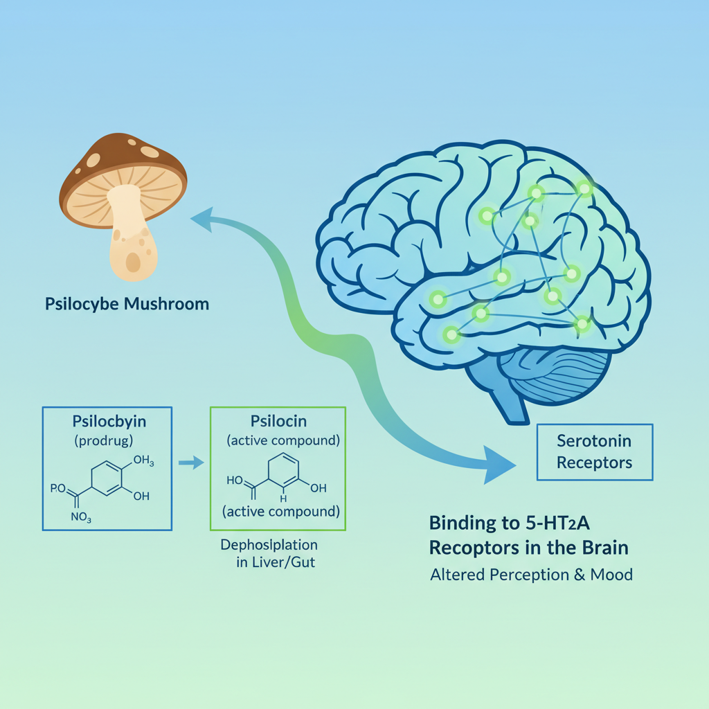 A detailed, professional infographic illustration showcasing the journey of psilocybin within the human body. Start with a diagram of a mushroom cap, an arrow pointing to a magnified psilocybin molecule, then show the molecule entering a simplified brain cross-section, interacting with serotonin receptors (represented by glowing nodes). Include small text boxes explaining 'Psilocybin (prodrug)' and 'Psilocin (active compound)', using a clean, scientific aesthetic with calming blues and greens.