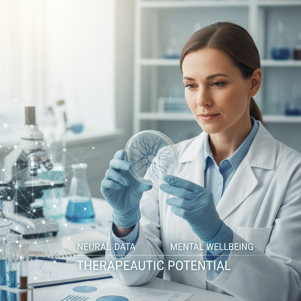 A compelling editorial photograph depicting a scientist or researcher looking thoughtfully at a Petri dish containing cell cultures or microscopic samples, with blurred medical equipment or research papers in the background. The focus should be on the potential for mental health treatment, perhaps with a subtle overlay or graphical element hinting at 'data' or 'research'. The lighting should be soft, professional, and hopeful, reflecting the 'therapeutic potential' aspect of the article.