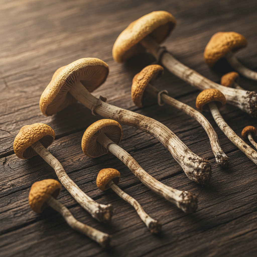 A professional, close-up studio photograph of several dried psilocybin mushrooms of varying sizes and types arranged aesthetically on a dark, rustic wooden surface. The lighting should be soft but highlight the intricate details of the caps and stems, conveying both their natural beauty and their dried state. Include a subtle background blur to keep focus on the fungi.